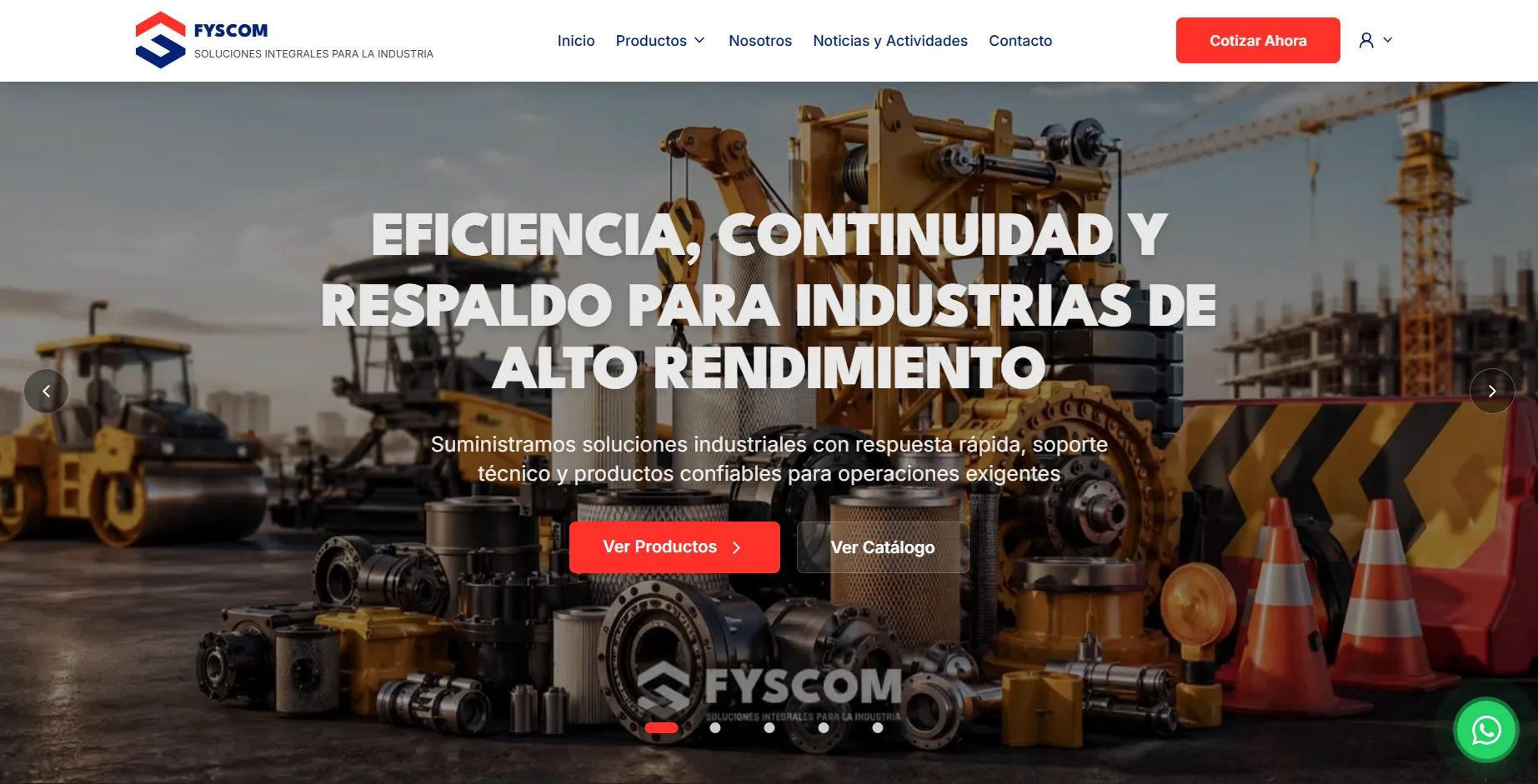 Portada del sitio web de FYSCOM con el titular sobre industrias de alto rendimiento y piezas industriales